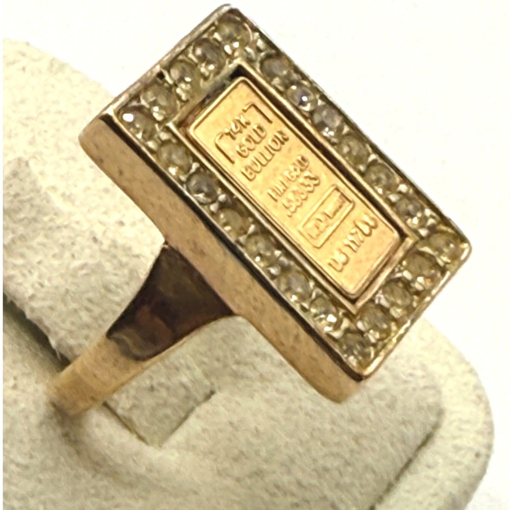 Vintage Faux Gold Bullion Bar Statement Ring Rhinestone Halo Gold Tone Size 7.5 - Picture 2 of 8